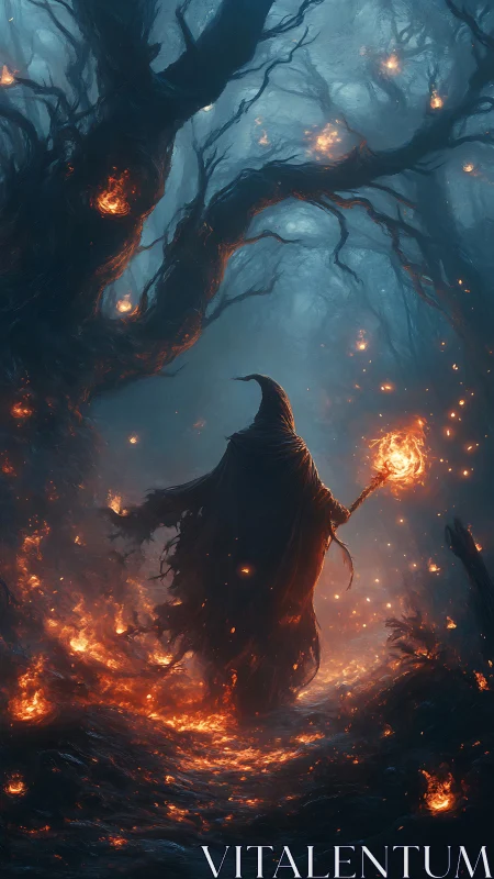 Cloaked ember mage wandering through a smoldered ghost forest.