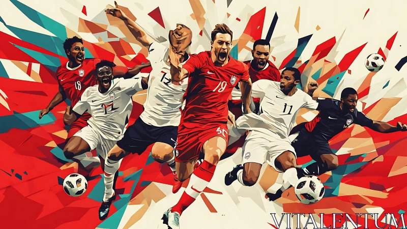 Dynamic polygonal illustration of soccer players in mid-sprint