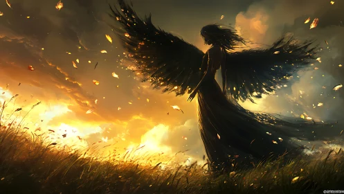 Winged guardian standing in glowing sunset meadow light.