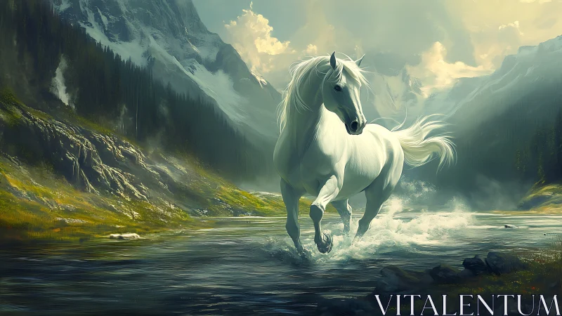 White stallion strides through alpine river in luminous light