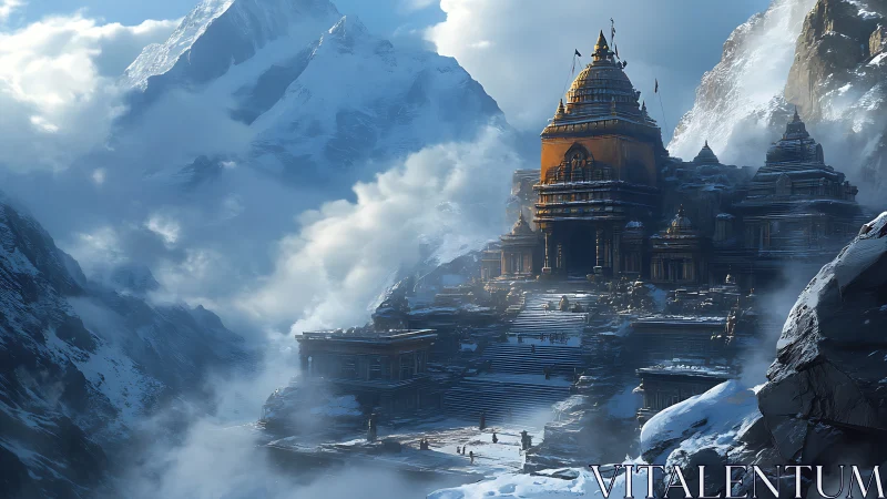 Snowbound mountain temple complex in cinematic blue light.