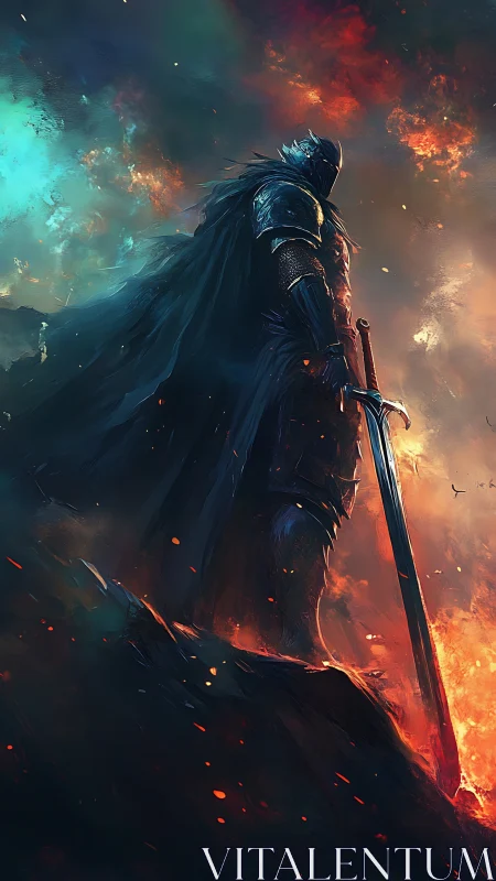 Armored dark knight stands against infernal chromatic sky