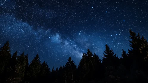 Milky Way galactic band over conifer silhouettes at zenithal night.