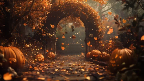 Whispering pumpkin path beneath an enchanted autumn archway.