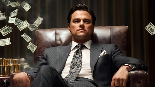 Powerful businessman reclines as money floats around him.