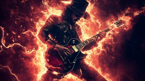 Flaming rock guitarist in inferno-lit digital fantasy scene.