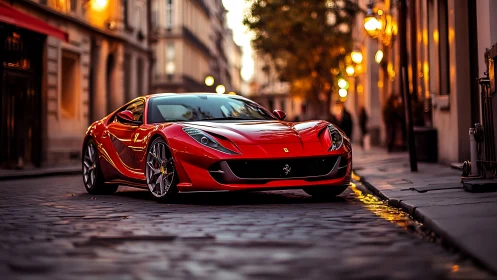 Aerodynamic red supercar on wet cobblestone city street at dusk.