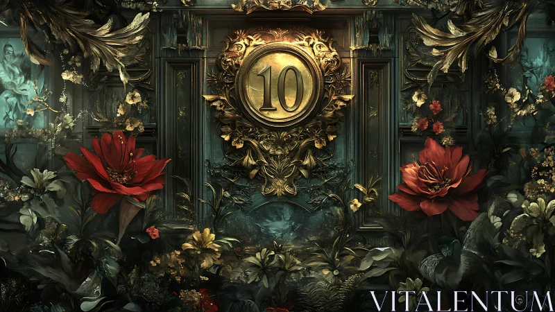 Central gilded number 10 framed by ornate florals