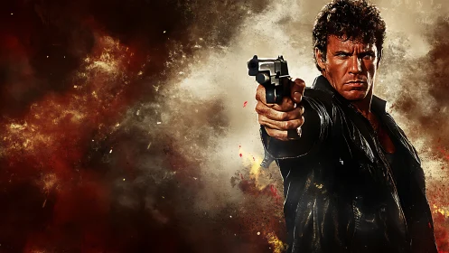 Gunman extends pistol toward viewer against explosive backdrop