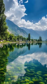 Mountain lake mirrors bright clouds in serene summer calm