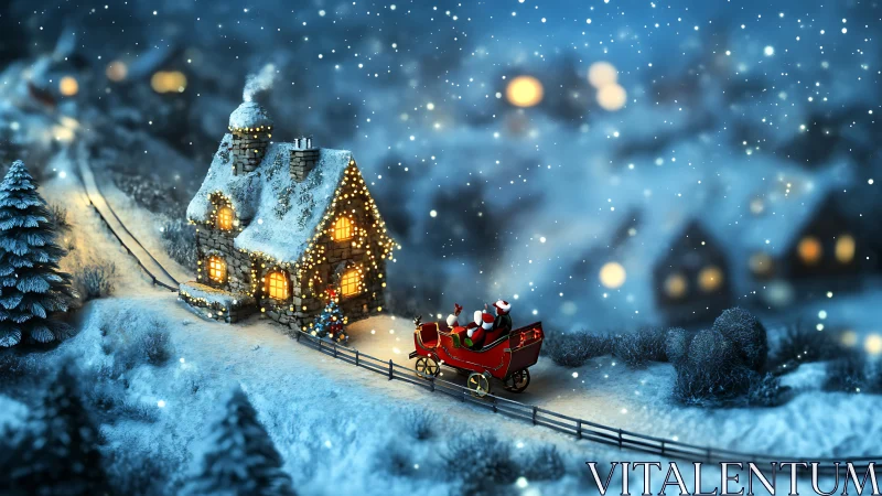 Snowy night cottage with illuminated lights and red Santa sleigh