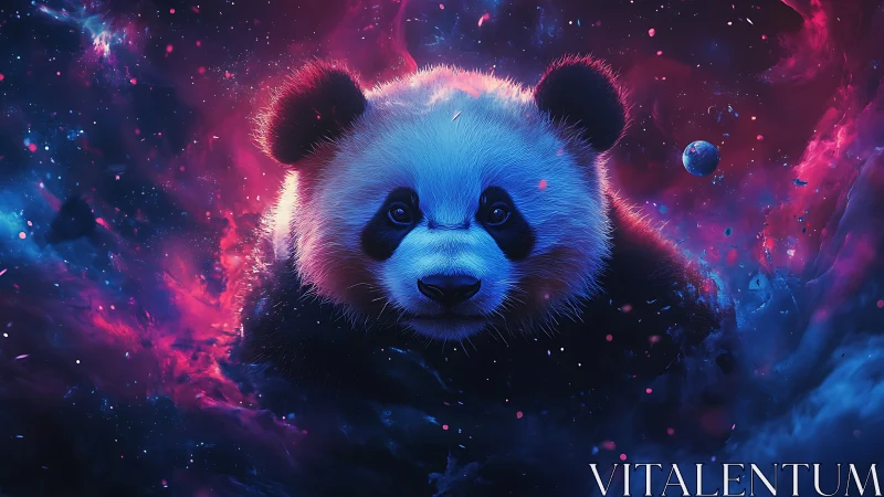 Panda head is centrally framed within a vivid cosmic nebula
