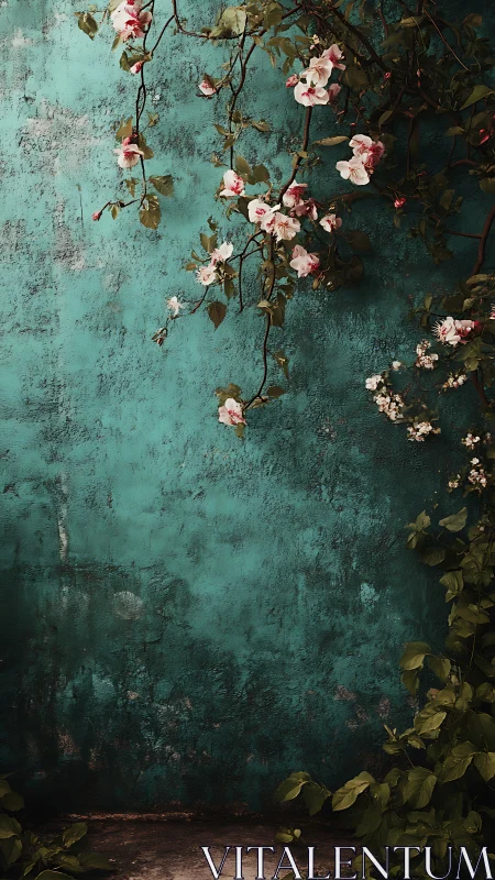 Peach blossoms trailing over aged textured teal wall.