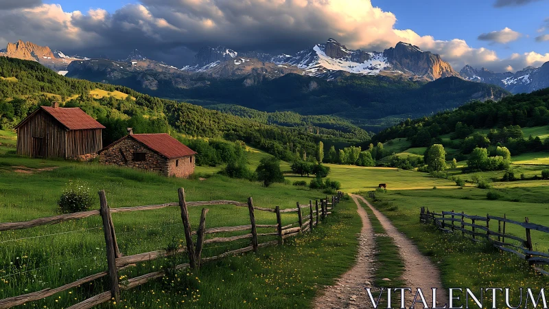 Sunlit mountain valley welcomes a quiet countryside path home