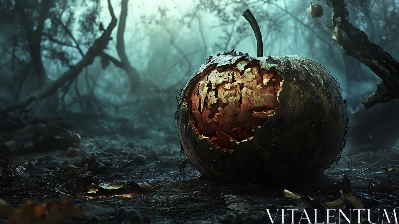 Rotting jack o lantern in eerie misty forest clearing.