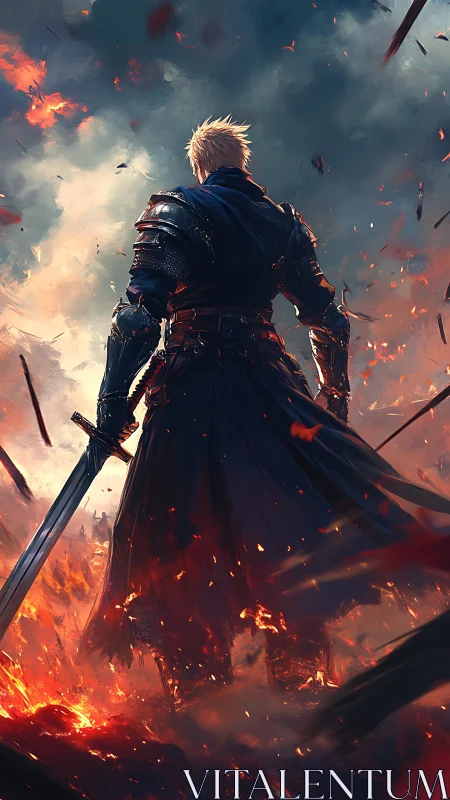 Armored swordsman standing in burning battlefield environment.
