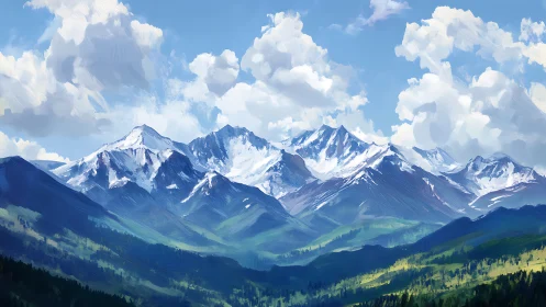 Sunlit mountain peaks under soft rolling summer clouds.