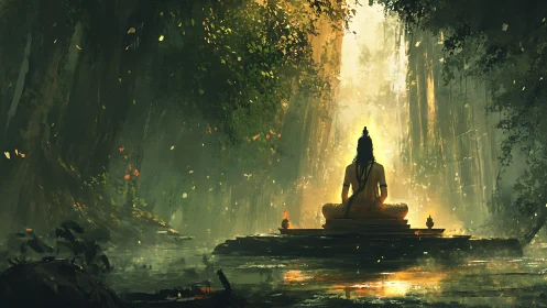 Meditating figure in forest clearing with glowing light portal.