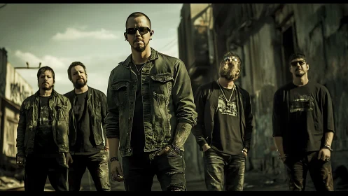 Five men stand in distressed urban alley under flat daylight