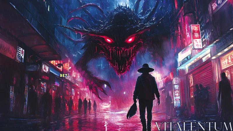 Hunter confronts neon-lit shadow demon in rain-soaked alley.