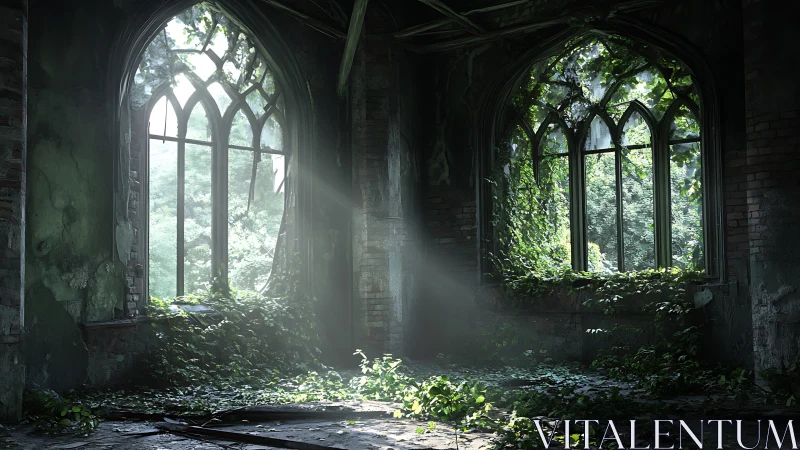 Sunlit ivy reclaiming abandoned Gothic hall interior in decay