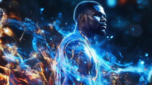 Male athlete portrait in blue-orange elemental energy vortex