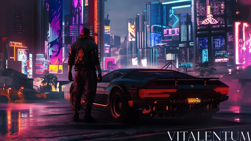 Figure and vehicle stand before dense neon cityscape at night