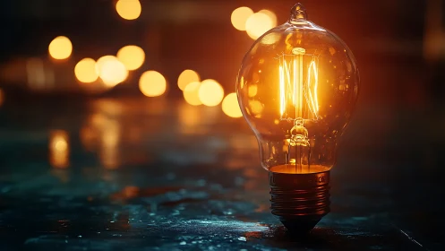 Illuminated filament bulb with blurred lights in background.