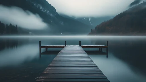 Wooden lakeside pier extending into foggy mountain water.