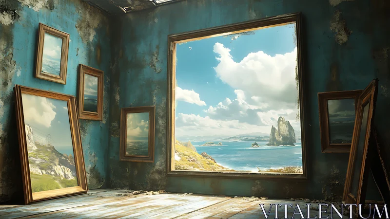 Framed coastal seascapes in decayed blue interior room.