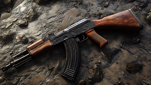 Kalashnikov style rifle lying on wet muddy ground.
