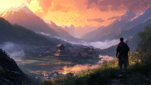 Wanderer overlooks a misty valley village at fiery sunset