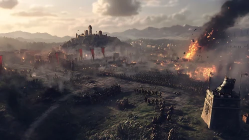 Medieval armies storm burning fortress in massive siege.