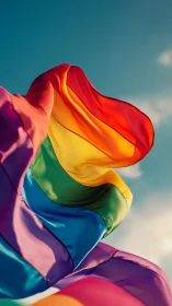 Rainbow pride flag waves against clear blue sky.