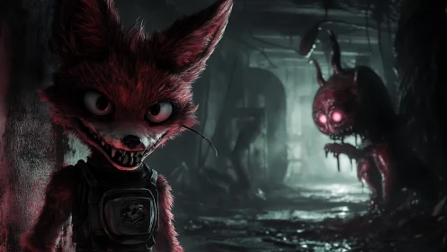 Sinister cartoon fox in dark corridor with glowing fiend