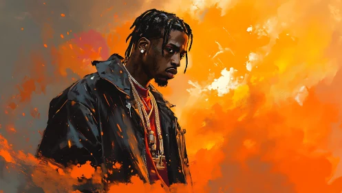 Digital portrait of pensive man in black jacket, warm blaze backdrop