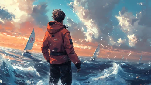 Solitary sailor studies regatta under storm-tinted sunset sky