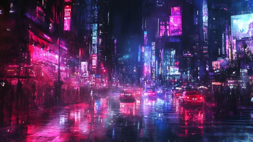 Neon rain drifting over a dreamy late night city street.