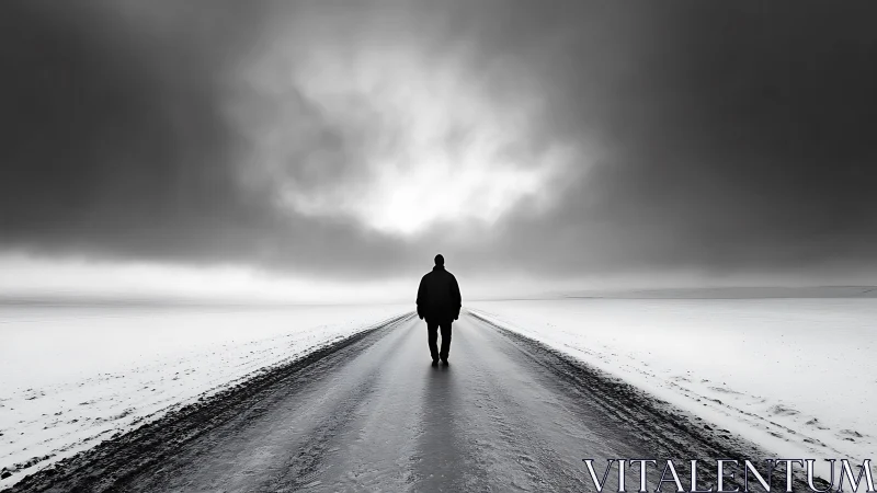 Silhouette walks alone down icy road under dark clouds