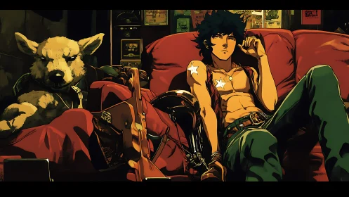 Reclining bounty hunter rests with cyber dog on red sofa.