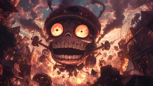 Gigantic flaming skull airship devastates burning steampunk city