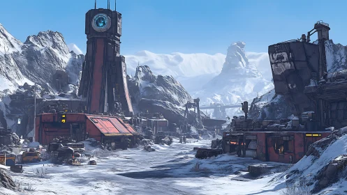 Snow-covered industrial outpost stands between rocky mountains