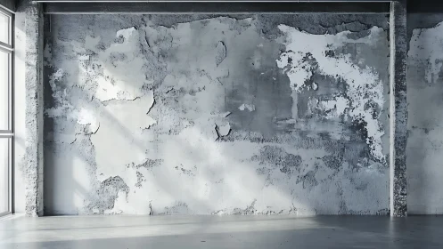 Peeling concrete wall with soft window light and shadows.