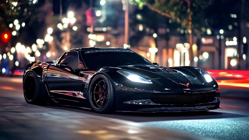 Midnight sports car glows with sleek power on city streets