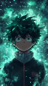 Stirring green energy swirls around a wide eyed anime hero