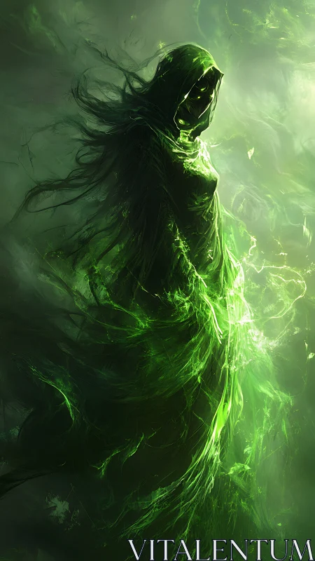 Hooded spectral figure in swirling green energy shroud.