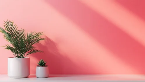 Planter pair under diagonal sunlight on soft pink wall.