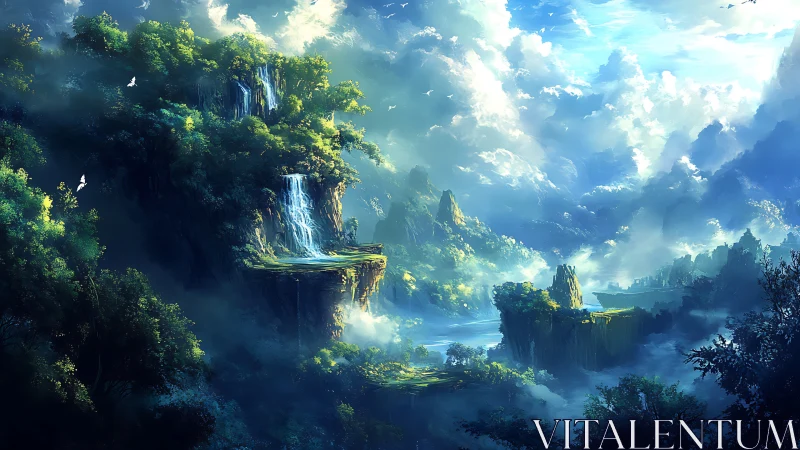 Layered forest cliffs with waterfalls under dense cloud cover.