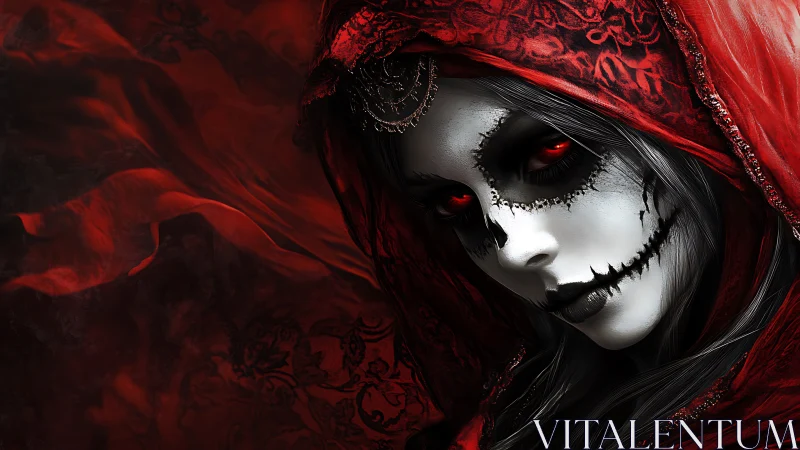 Scarlet-veiled skull maiden gazes with eerie crimson eyes