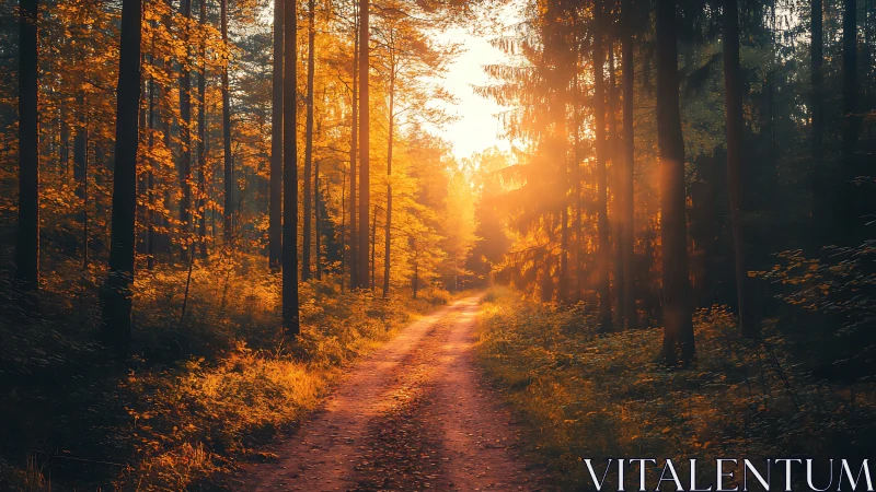 Serene forest path at sunset with golden sunlight and tranquil mood.